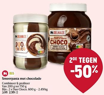 Promotions Smeerpasta met chocolade duo choco - Produit Maison - Delhaize - Valide de 28/03/2024 à 03/04/2024 chez Delhaize