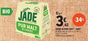 Promotions Bière blonde bio jade - Bio Jade - Valide de 26/03/2024 à 30/03/2024 chez E.Leclerc