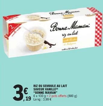 Promotions Riz ou semoule au lait saveur vanille bonne maman - Bonne Maman - Valide de 26/03/2024 à 30/03/2024 chez E.Leclerc