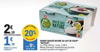 Promotions Yaourt brassé nature au lait de coco nat+vie - Nat&Vie - Valide de 26/03/2024 à 30/03/2024 chez E.Leclerc