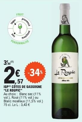 Promotions Igp côtes de gasgogne le roupic - Vins blancs - Valide de 26/03/2024 à 30/03/2024 chez E.Leclerc