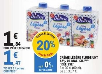 Promotions Crème légère fluide uht délisse - Delisse - Valide de 26/03/2024 à 30/03/2024 chez E.Leclerc
