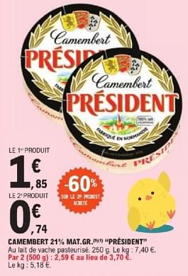 Promotions Camembert président - Président - Valide de 26/03/2024 à 30/03/2024 chez E.Leclerc