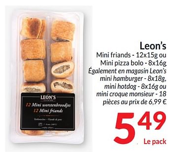 Promotions Leon’s mini friands ou mini pizza bolo - Leon's - Valide de 26/03/2024 à 01/04/2024 chez Intermarche