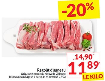 Promotions Ragoût d’agneau - Produit maison - Intermarche - Valide de 26/03/2024 à 01/04/2024 chez Intermarche