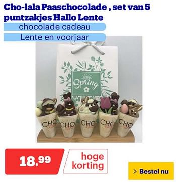 Promotions Cho-lala paaschocolade set van5 puntzakjes hallo lente - Produit Maison - Bol.com - Valide de 25/03/2024 à 31/03/2024 chez Bol.com