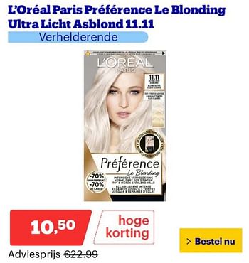 Promoties Loréal paris préférence le blonding ultra licht asblond 11.11 - L'Oreal Paris - Geldig van 25/03/2024 tot 31/03/2024 bij Bol.com