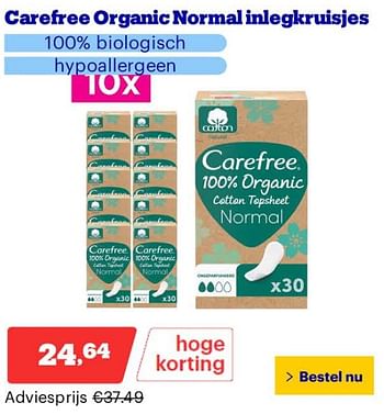 Promotions Carefree organic normal inlegkruisjes - Carefree - Valide de 25/03/2024 à 31/03/2024 chez Bol.com