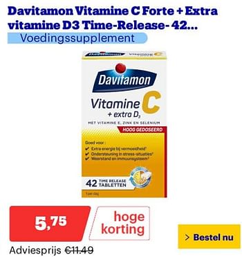 Promotions Davitamon vitamine c forte + extra vitamine d3 time-release 42 - Davitamon - Valide de 25/03/2024 à 31/03/2024 chez Bol.com