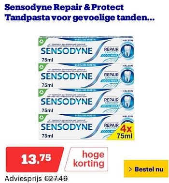 Promotions Sensodyne repair + protect tandpasta voor gevoelige tanden - Sensodyne - Valide de 25/03/2024 à 31/03/2024 chez Bol.com