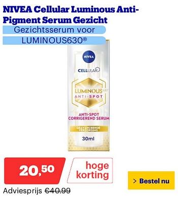 Promoties Nivea cellular luminous anti pigment serum gezicht - Nivea - Geldig van 25/03/2024 tot 31/03/2024 bij Bol.com
