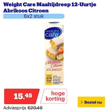 Promoties Weight care maaltijdreep 12-uurtje abrikoos citroen - Weight Care - Geldig van 25/03/2024 tot 31/03/2024 bij Bol.com