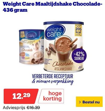 Promoties Weight care maaltijdshake chocolade - Weight Care - Geldig van 25/03/2024 tot 31/03/2024 bij Bol.com