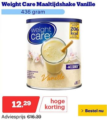 Promoties Weight care maaltijdshake vanille - Weight Care - Geldig van 25/03/2024 tot 31/03/2024 bij Bol.com