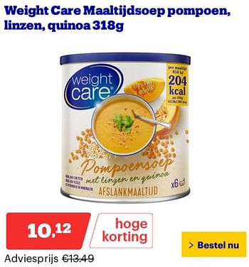 Promoties Weight care maaltijdsoep pompoen, linzen, quinoa - Weight Care - Geldig van 25/03/2024 tot 31/03/2024 bij Bol.com