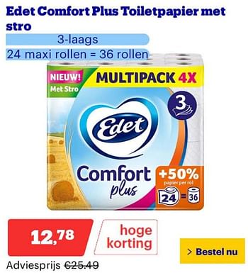 Promoties Edet comfort plus toiletpapier met stro - Edet - Geldig van 25/03/2024 tot 31/03/2024 bij Bol.com