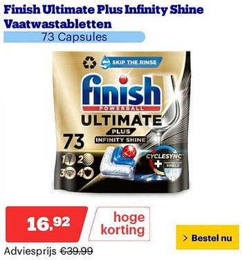 Promoties Finish ultimate plus infinity shine vaatwastabletten - Finish - Geldig van 25/03/2024 tot 31/03/2024 bij Bol.com