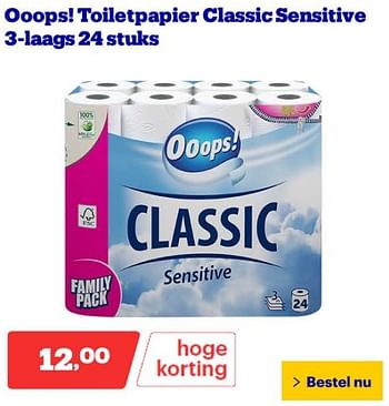 Promoties Ooops! toiletpapier classic sensitive 3-laags - Ooops - Geldig van 25/03/2024 tot 31/03/2024 bij Bol.com