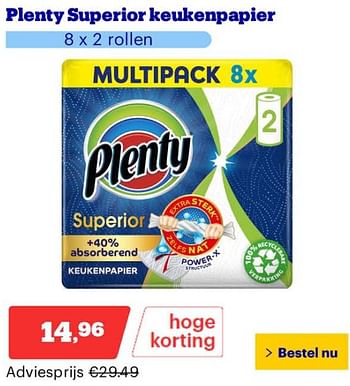 Promoties Plenty superior keukenpapier - Plenty - Geldig van 25/03/2024 tot 31/03/2024 bij Bol.com