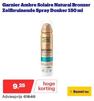 Promotions Garnier ambre solaire natural bronzer zelfbruinende spray donker - Garnier - Valide de 25/03/2024 à 31/03/2024 chez Bol.com