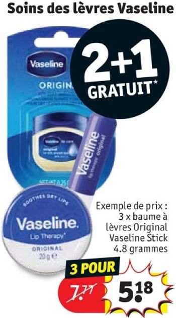 Promotions Baume a lavres original vaseline stick - Vaseline  - Valide de 25/03/2024 à 07/04/2024 chez Kruidvat