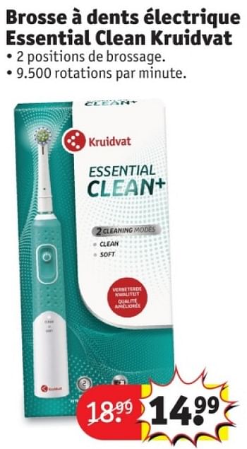 Promoties Brosse a dents électrique essential clean kruidvat - Huismerk - Kruidvat - Geldig van 25/03/2024 tot 07/04/2024 bij Kruidvat