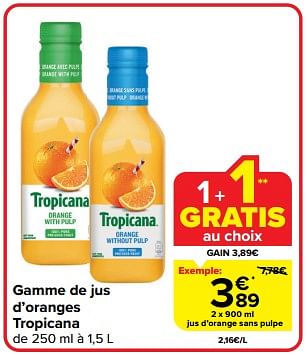 Promoties Jus d’orange sans pulpe - Tropicana - Geldig van 27/03/2024 tot 02/04/2024 bij Carrefour