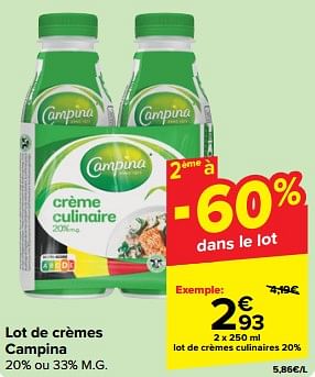 Promoties Lot de crèmes culinaires - Campina - Geldig van 27/03/2024 tot 02/04/2024 bij Carrefour