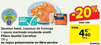 Promoties Saumon fumé, copeaux de fromage + sauce marinade moutarde aneth filière qualité carrefour - Huismerk - Carrefour  - Geldig van 27/03/2024 tot 02/04/2024 bij Carrefour