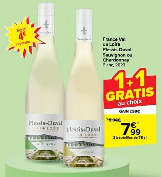 Promoties France val de loire plessis-duval sauvignon ou chardonnay blanc - Witte wijnen - Geldig van 27/03/2024 tot 02/04/2024 bij Carrefour