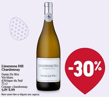 Promotions Limestone hill chardonnay danie de wet vin blanc d`afrique du sud - Vins blancs - Valide de 28/03/2024 à 03/04/2024 chez Delhaize