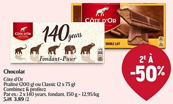 Promotions Chocolat côte d`or 140 years, fondant - Cote D'Or - Valide de 28/03/2024 à 03/04/2024 chez Delhaize