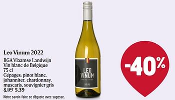 Promotions Leo vinum 2022 bga vlaamse landwijn vin blanc de belgique - Vins blancs - Valide de 28/03/2024 à 03/04/2024 chez Delhaize