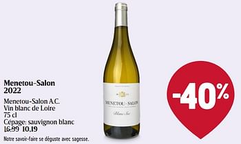 Promotions Menetou-salon 2022 menetou-salon a.c. vin blanc de loire - Vins blancs - Valide de 28/03/2024 à 03/04/2024 chez Delhaize