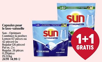 Promotions Capsules pour le lave-vaisselle sun - optimum regular - Sun - Valide de 28/03/2024 à 03/04/2024 chez Delhaize