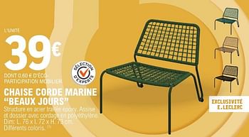 Promoties Chaise corde marine beaux jours - Beaux Jours - Geldig van 26/03/2024 tot 13/04/2024 bij E.Leclerc