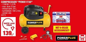 Promoties Powerplus compressor powx1730 - Powerplus - Geldig van 27/03/2024 tot 07/04/2024 bij Hubo