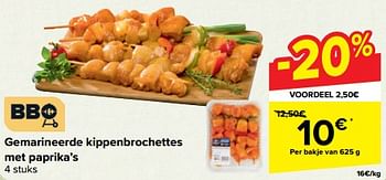 Promoties Gemarineerde kippenbrochettes met paprika`s - Huismerk - Carrefour  - Geldig van 27/03/2024 tot 08/04/2024 bij Carrefour