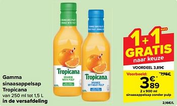 Promoties Sinaasappelsap zonder pulp - Tropicana - Geldig van 27/03/2024 tot 08/04/2024 bij Carrefour