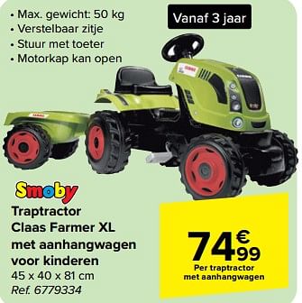 Promoties Traptractor claas farmer xl met aanhangwagen voor kinderen - Smoby - Geldig van 27/03/2024 tot 08/04/2024 bij Carrefour