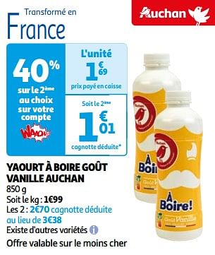 Promotions Yaourt à boire goût vanille auchan - Produit Maison - Auchan Ronq - Valide de 26/03/2024 à 01/04/2024 chez Auchan Ronq