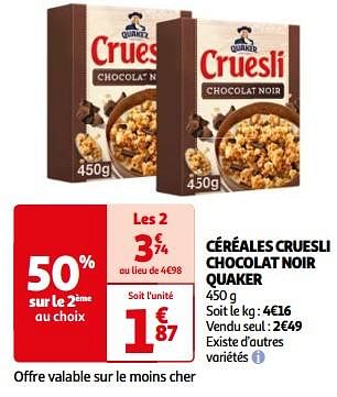 Promoties Céréales cruesli chocolat noir quaker - Quaker - Geldig van 26/03/2024 tot 01/04/2024 bij Auchan