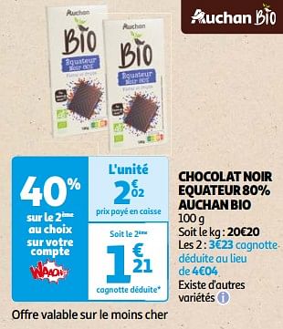 Promoties Chocolat noir equateur 80% auchan bio - Huismerk - Auchan - Geldig van 26/03/2024 tot 01/04/2024 bij Auchan