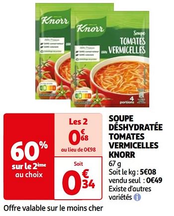 Promotions Soupe déshydratée tomates vermicelles knorr - Knorr - Valide de 26/03/2024 à 01/04/2024 chez Auchan Ronq