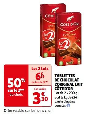 Promotions Tablettes de chocolat l`original lait côte d`or - Cote D'Or - Valide de 26/03/2024 à 01/04/2024 chez Auchan Ronq