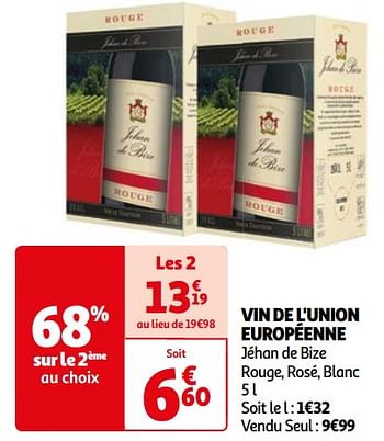 Promoties Vin de l`union européenne jéhan de bize rouge, rosé, blanc - Rode wijnen - Geldig van 26/03/2024 tot 01/04/2024 bij Auchan