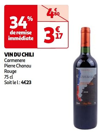 Promoties Vin du chili carmenere pierre chanau rouge - Rode wijnen - Geldig van 26/03/2024 tot 01/04/2024 bij Auchan