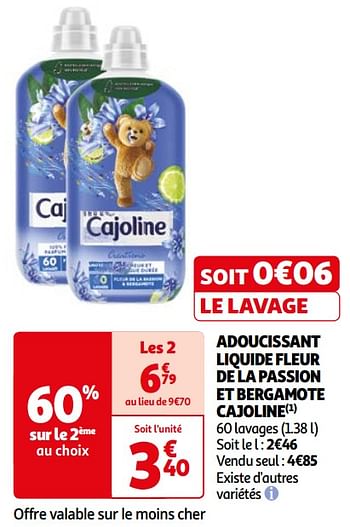 Promotions Adoucissant liquide fleur de la passion et bergamote cajoline - Cajoline - Valide de 26/03/2024 à 01/04/2024 chez Auchan Ronq