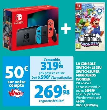 Promotions La console switch + le jeu switch super mario bros wonder - Nintendo - Valide de 26/03/2024 à 01/04/2024 chez Auchan Ronq