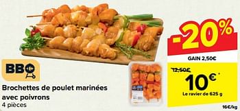 Promoties Brochettes de poulet marinées avec poivrons - Huismerk - Carrefour  - Geldig van 27/03/2024 tot 08/04/2024 bij Carrefour